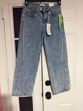 Petite Light Blue Embroidered Wide-Leg Jeans